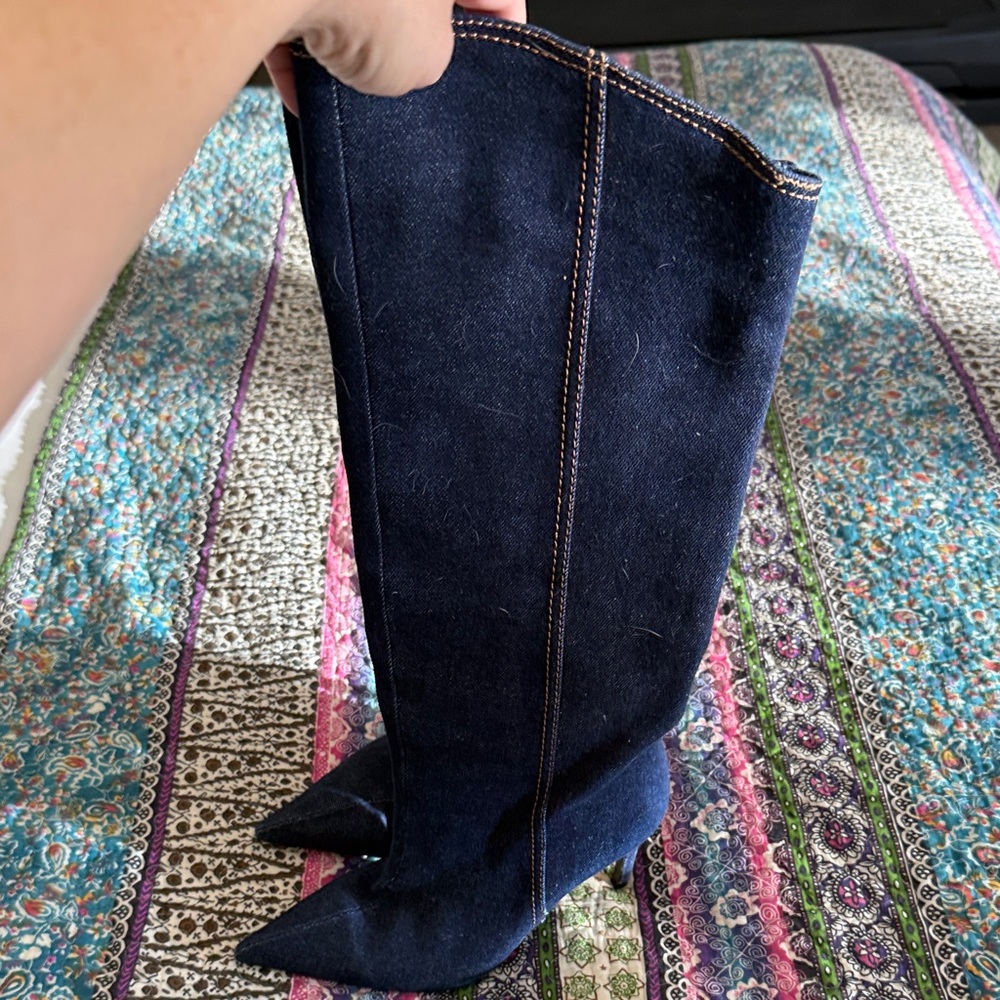 Zara Navy Denim Knee High Stiletto Boots - Picture 5 of 6